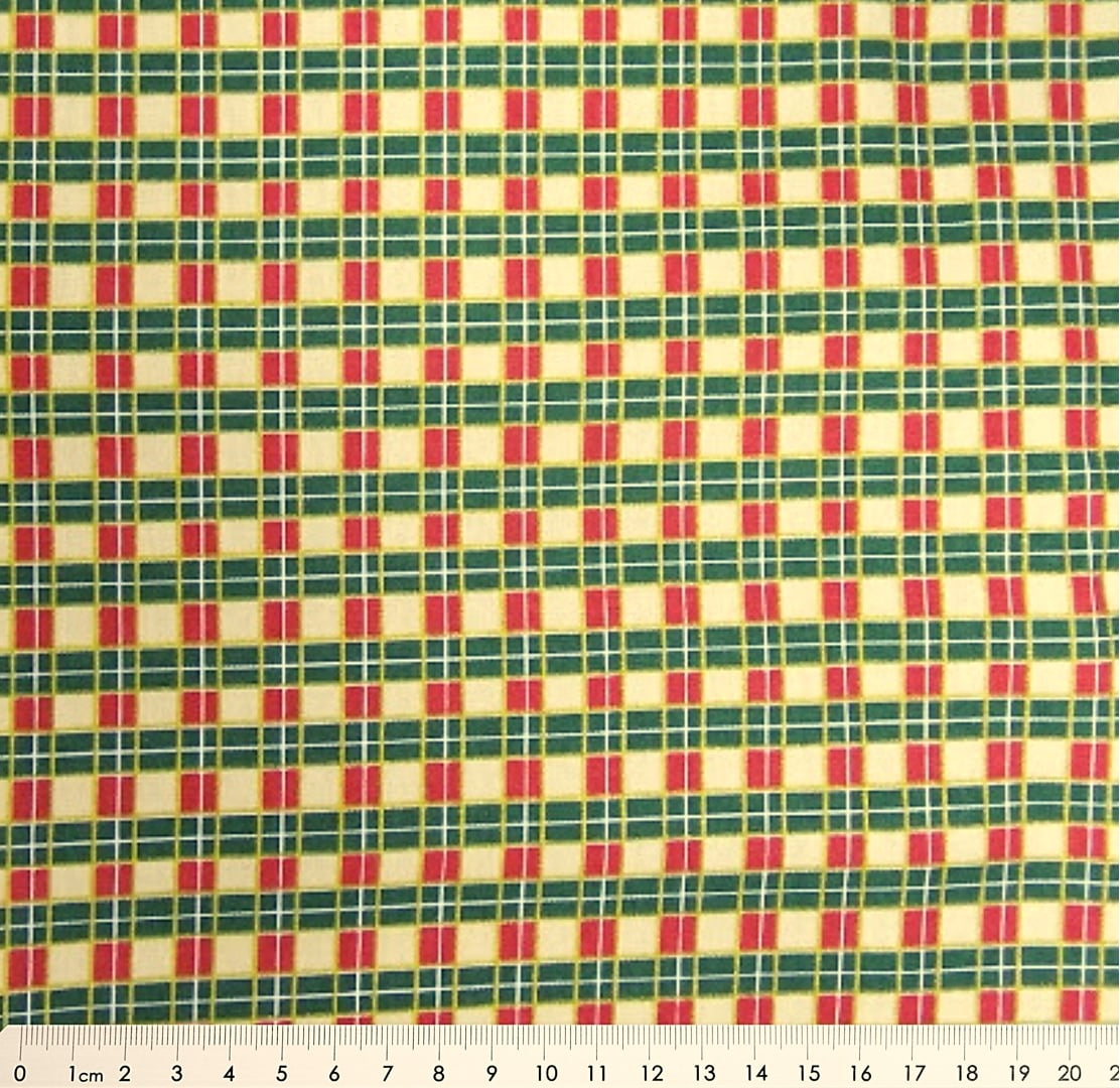 Tecido Tricoline Xadrez Bege, Verde e Vermelho - Coleção de Natal