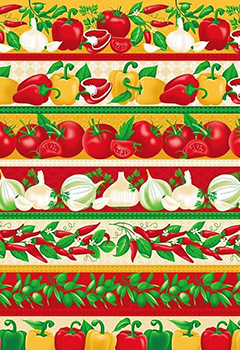 Tecido Tricoline Barrados de Pimentão, Pimenta, Cebola e Tomate 