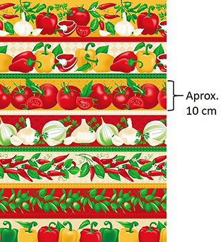 Tecido Tricoline Barrados de Pimentão, Pimenta, Cebola e Tomate 
