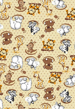 Tecido Tricoline Estampa Animais Bebês: Girafa,Tigre, Elefante, Zebra, Urso, Rinoceronte e Canguru - Fundo Creme 