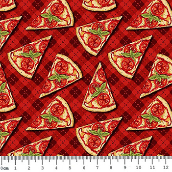 Tecido Tricoline Digital Mini Pizza - Fundo Xadrez Vermelho - Coleção Chef