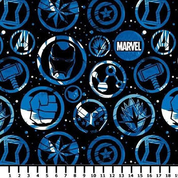 Tecido Tricoline Símbolos dos Vingadores 2 - Fundo Preto - Coleção Marvel 