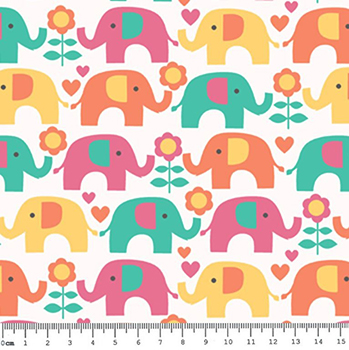 Tecido Tricoline Elefante Colorido - Fundo Creme - Coleção Passo do Elefantinho 
