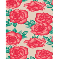 Tecido Tricoline Floral Rosas Vermelhas - Fundo Bege - Preço de 50 cm X 150 cm 