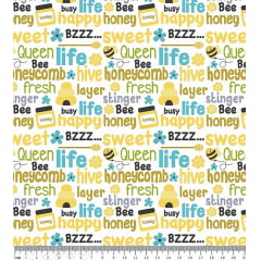 Tecido Tricoline Letters Bee - Fundo Branco - Coleção Honey Bee