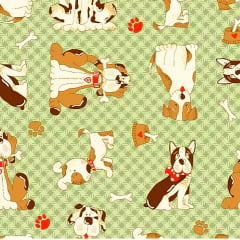 Tecido Tricoline Cachorro - Fundo Verde - Coleção Pets  