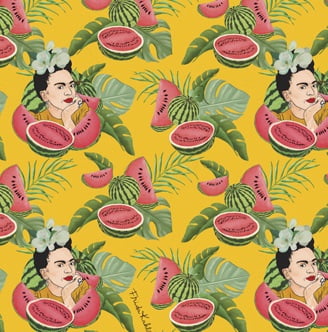 Tecido Tricoline Digital Frida Kahlo e Melancias - Fundo Mostarda - Coleção Frida Kahlo