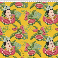 Tecido Tricoline Digital Frida Kahlo e Melancias - Fundo Mostarda - Coleção Frida Kahlo