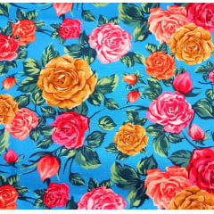 Tecido Tricoline Digital Floral Rosas Salmão, Mostarda e Rosa Pink - Fundo Azul Claro