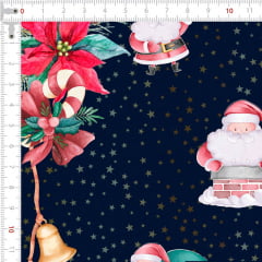 Tecido Tricoline Digital Faixa de Natal - Fundo Azul Marinho - Coleção Natal 