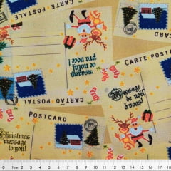 Tecido Tricoline Digital de Cartão Postal de Natal - Fundo Creme - Coleção de Natal 