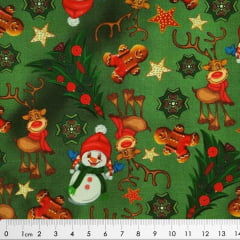 Tecido Tricoline Digital de Floco de Neve - Fundo Verde - Coleção de Natal 