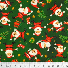 Tecido Tricoline Digital Papai Noel Feliz - Fundo Verde - Coleção de Natal