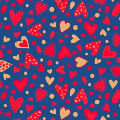 Tecido Tricoline  Estampa Corações Vermelhos e Bege - Fundo Azul Marinho - Coleção Amor Amour Amore Love