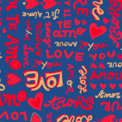 Tecido Tricoline Palavras de Amor - Fundo Azul Marinho - Coleção Amor Amour Amore Love