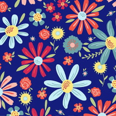 Tecido Tricoline Floral - Fundo Azul Marinho - Coleção Flores da Esperança 