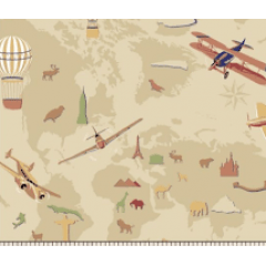 Tecido Tricoline Mapas, Balões e Animais - Fundo Bege - Coleção Mapa Mundi