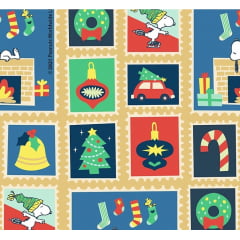Tecido Tricoline Infantil Snoopy Selos de Natal - Fundo Azul - Snoopy Natal 