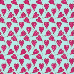 Tecido Tricoline Balões de Corações Pink - Fundo Jade - Coleção Sonho e Magia  