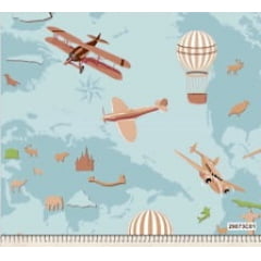 Tecido Tricoline Mapa, Avião, Balão e Animais - Fundo Azul - Coleção Mapa Mundi