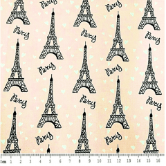 Tecido Tricoline Torre Eiffel e Corações - Fundo Rosa - Preço de 50 cm x 150 cm