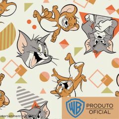 Tecido Tricoline Tom e Jerry Divertidos- Fundo Branco - Coleção Warner Bros
