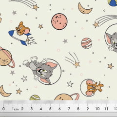 Tecido Tricoline Tom e Jerry Planetas - Fundo Off White - Coleção Warner Bros