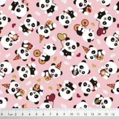 Tecido Tricoline Panda Festa - Fundo Rosa
