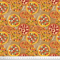 Tecido Tricoline Digital Pizza - Fundo Bege - Coleção Pizza 