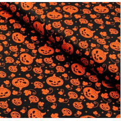 Tecido Tricoline Abóboras Halloween - Fundo Preto - Preço de 50 cm X 150 cm