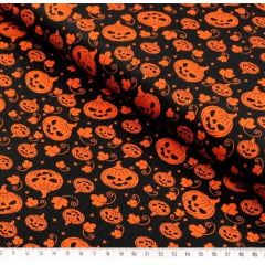 Tecido Tricoline Abóboras Halloween - Fundo Preto - Preço de 50 cm X 150 cm