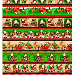 Tecido Tricoline Barrados de Papai Noel e Presentes - Preço de 50cm x 150cm