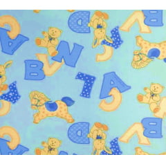 Tecido Tricoline Bichinhos e Letras - Fundo Azul Bebê