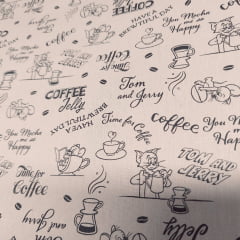 Tecido Tricoline Coffe Tom e Jerry Fundo Bege Pele - Time For Coffe