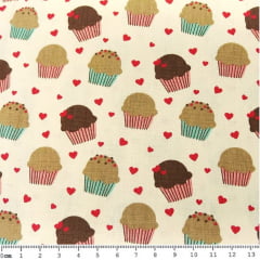 Tecido Tricoline Cupcake e Mini Corações - Fundo Creme - Preço de 50 cm x 150 cm