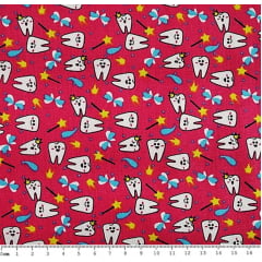 Tecido Tricoline Dentinhos - Fundo Rosa - Preço de 50 cm X 150 cm  