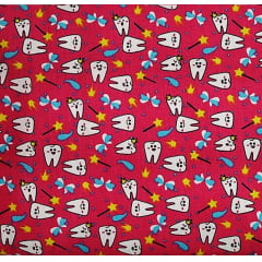 Tecido Tricoline Dentinhos - Fundo Rosa - Preço de 50 cm X 150 cm  