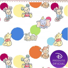 Tecido Tricoline Digital Baby Mickey, Minnie, Bamby, Ursinho Pooh, Dumbo e Abel - Fundo Branco - Coleção Disney Digital  