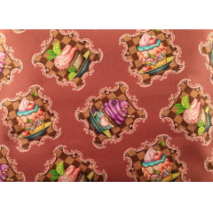 Tecido Tricoline Digital Cupcakes em Quadros - Fundo Rosa Antigo 
