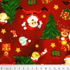 Tecido Tricoline Digital de Papai Noel e Árvore de Natal - Fundo Vinho - Coleção de Natal