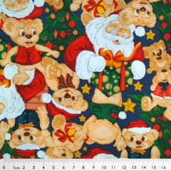 Tecido Tricoline Digital de Papai Noel e Ursos - Fundo Verde - Coleção de Natal 