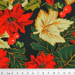 Tecido Tricoline Digital de Flores de Natal Poinsétia e Cerejas - Fundo Preto - Coleção de Natal