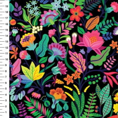 Tecido Tricoline Digital Floral Arabesco - Fundo Preto