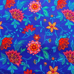 Tecido Tricoline Digital Floral - Fundo Azul