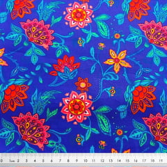 Tecido Tricoline Digital Floral - Fundo Azul