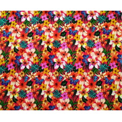 Tecido Tricoline Digital Floral e Borboletas - Fundo Goaiba