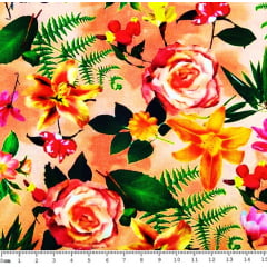 Tecido Tricoline Digital Floral - Fundo Rosa Salmão