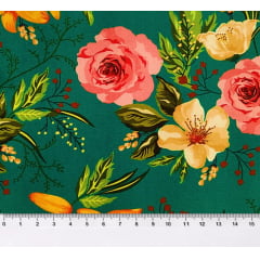 Tecido Tricoline Digital Floral - Fundo Verde Esmeralda