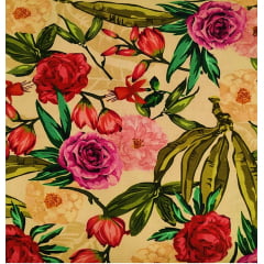 Tecido Tricoline Digital Floral Rosas - Fundo Creme