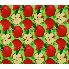 Tecido Tricoline Digital Maçãs - Fundo Xadrez Verde Limão - Preço de 50 cm x 148 cm 